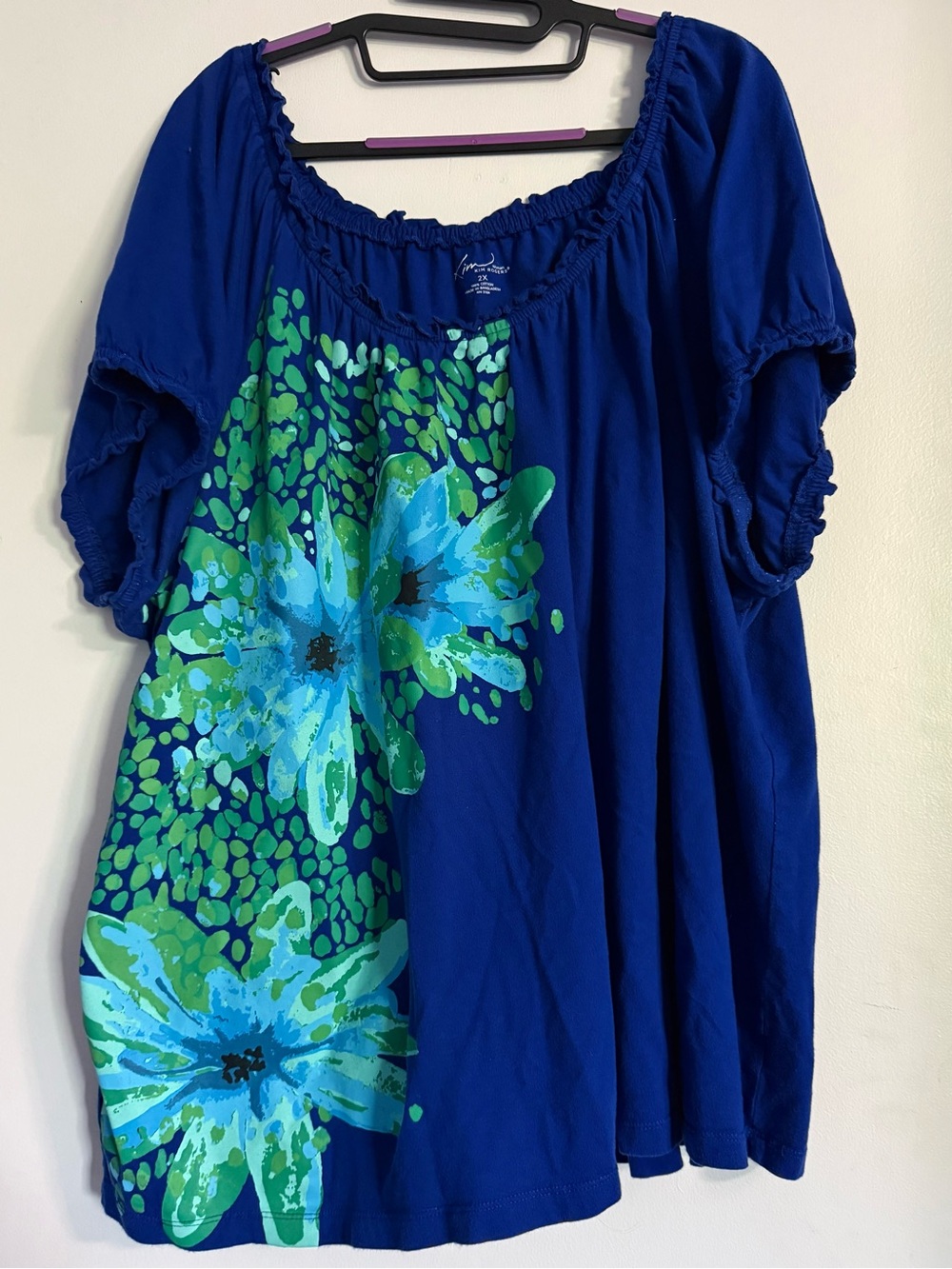 Sz 2X Kim Rogers Royal Blue Bright Floral Puff-Sleeve Top
